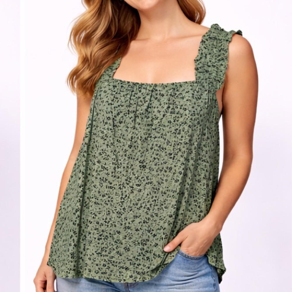 Sleeveless Square-Neck Ruffle Strap Camisole - Green